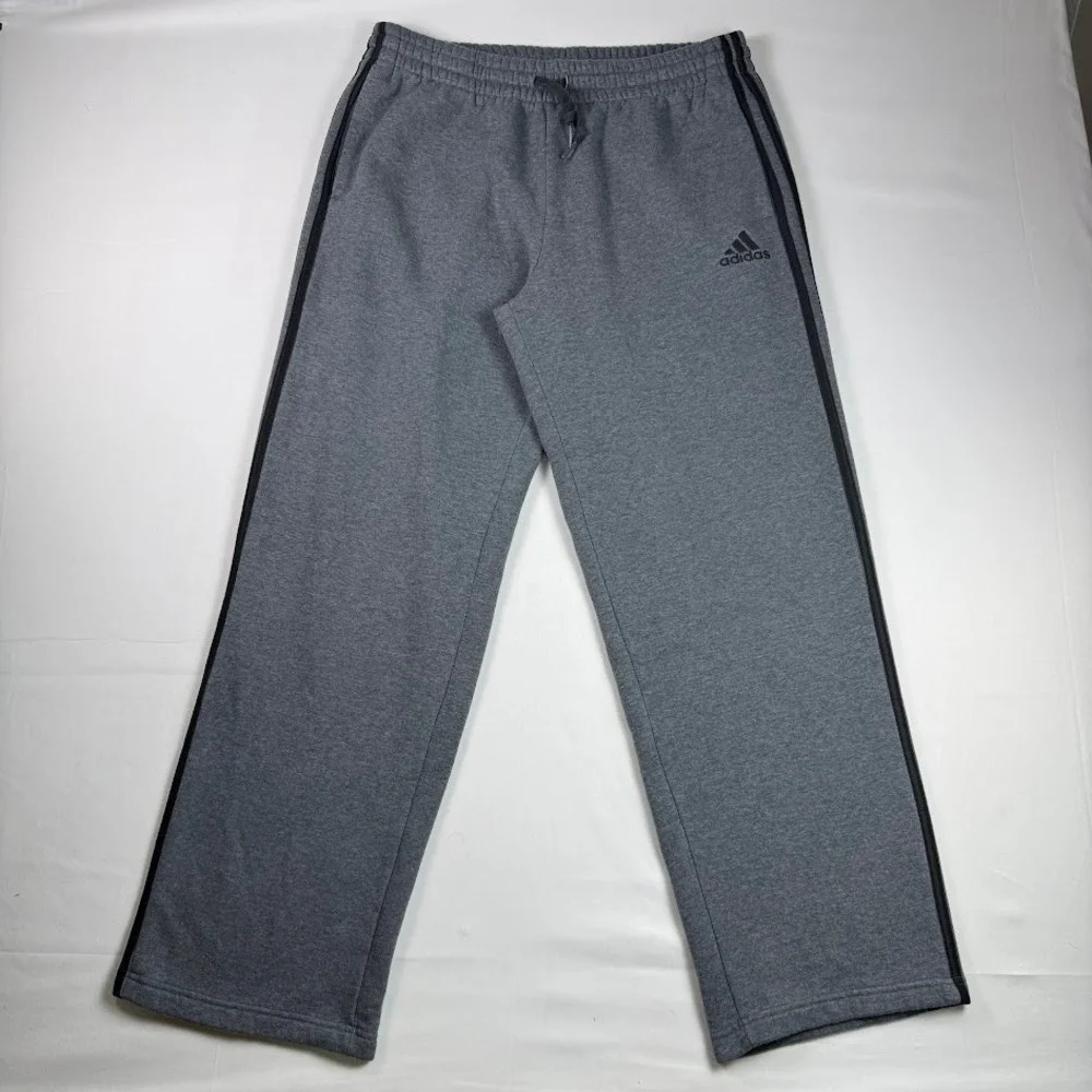 Adidas Fleece Relaxed Fit Sweatpants Mens Gray Three Stripe Large Open Hem